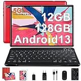 FACETEL Tablet 10 Pulgadas Android 13 Tablet Octa-Core 2.0 GHz, 12GB RAM + 128GB ROM (1TB TF), 5G WiFi, Bluetooth 5.0, 5MP+8MP, HD IPS, Facciale ID, Widevine L1, Tablet con Teclado y Raton - Rojo