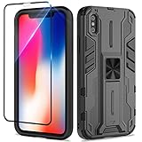 Btstring Funda para iPhone X/XS con Cristal Templado Protector Pantalla, Carcasa Protectora Antigolpes con Soporte Reforzado- Negro