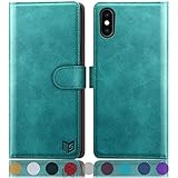 SUANPOT Funda para iPhone X/XS 5,8' con Tapa 【Bloqueo RFID】de Cuero PU Cierre Magnético，Soporte Plegable，Ranura para Tarjeta Cover Wallet Leather para Apple X/XS Phone Case Azul Verde